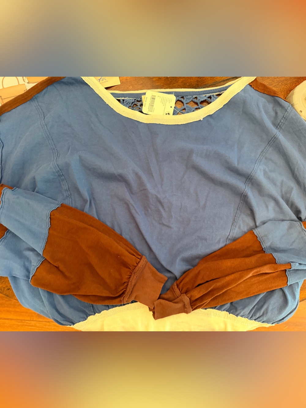 We The Free Blue and Brown Colorblock Long Sleeve Top lace back